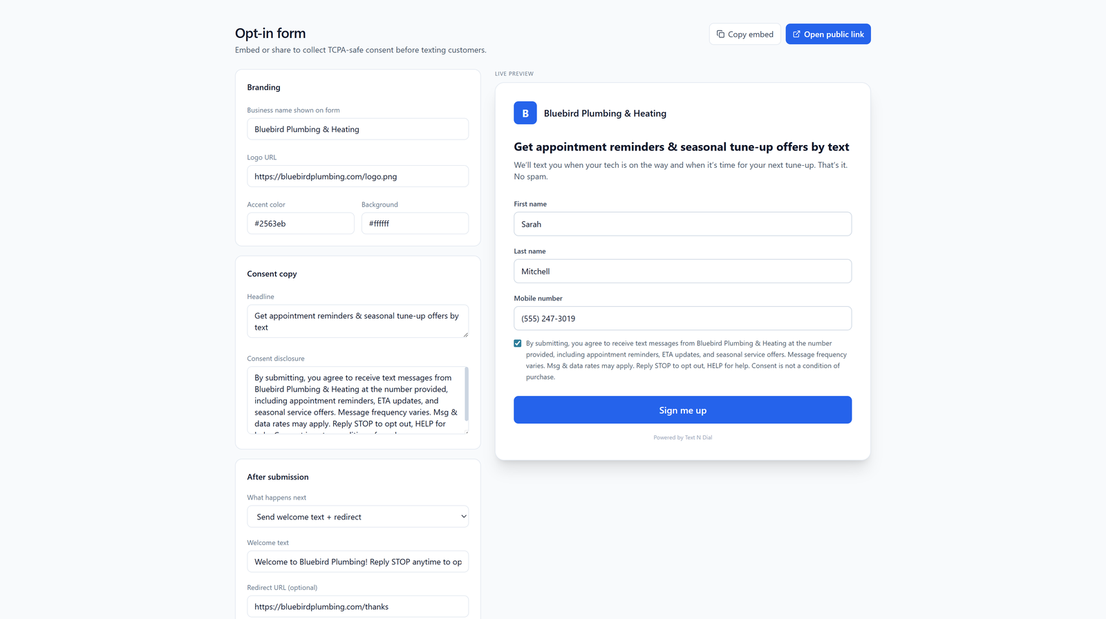 Text N Dial opt-in form builder with editor and live preview